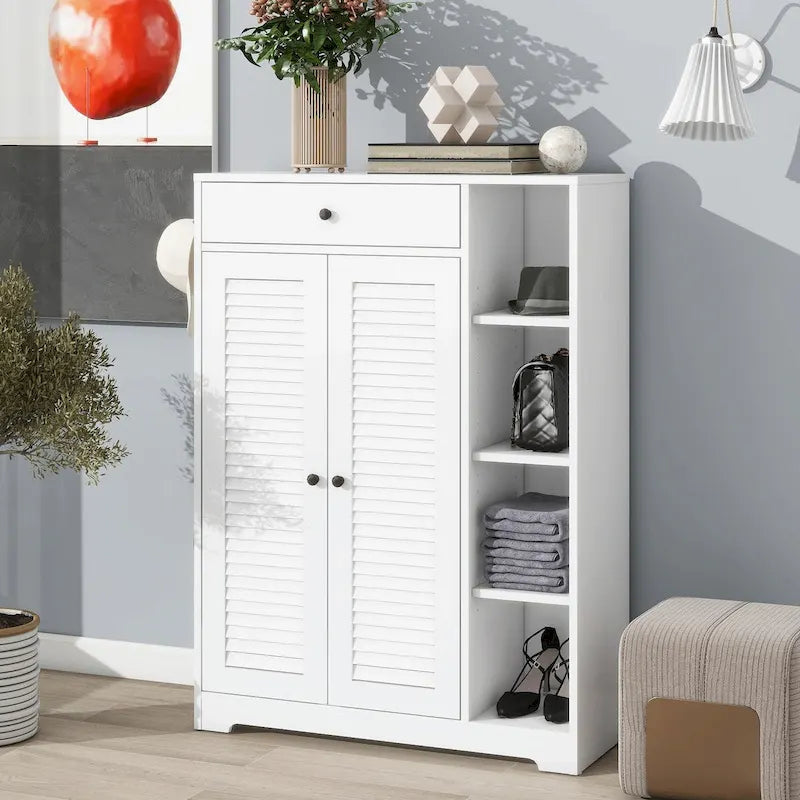 Freestanding Shoe Rack Organizer with 2 Shutter Doors and Adjustable Storage Shelf