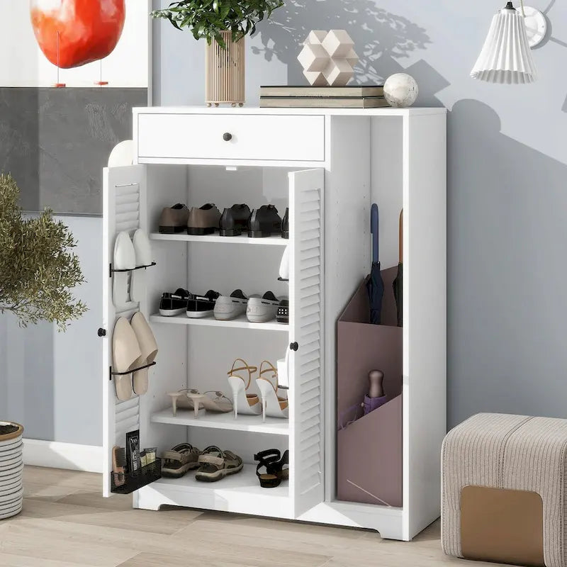 Freestanding Shoe Rack Organizer with 2 Shutter Doors and Adjustable Storage Shelf