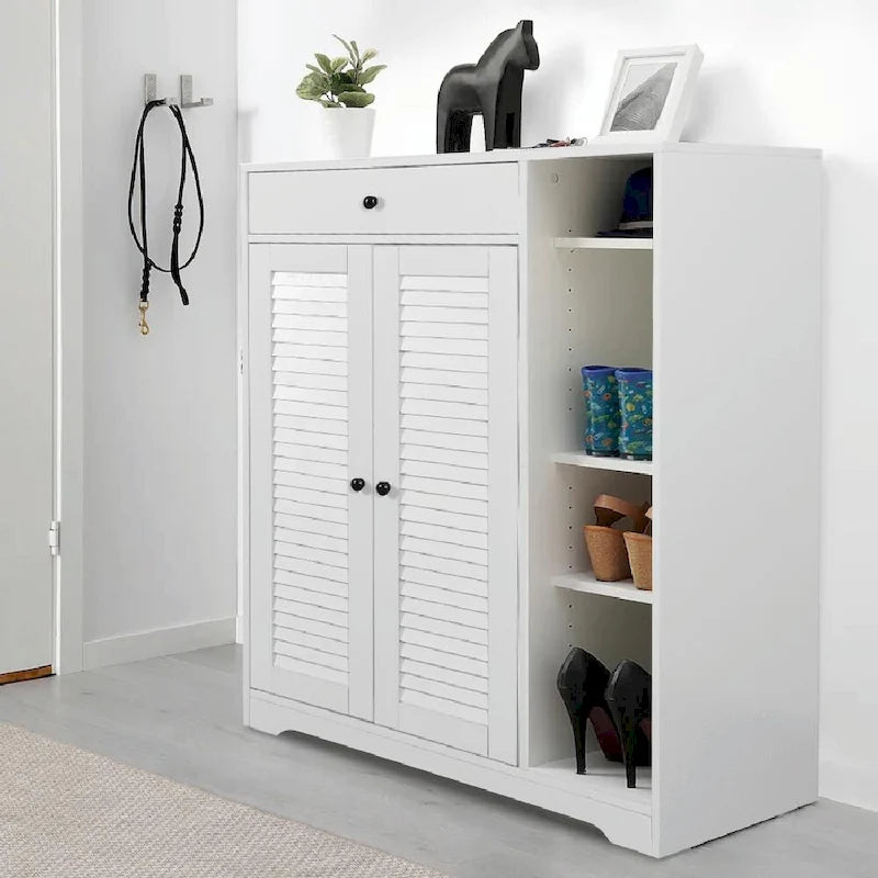 Freestanding Shoe Rack Organizer with 2 Shutter Doors and Adjustable Storage Shelf