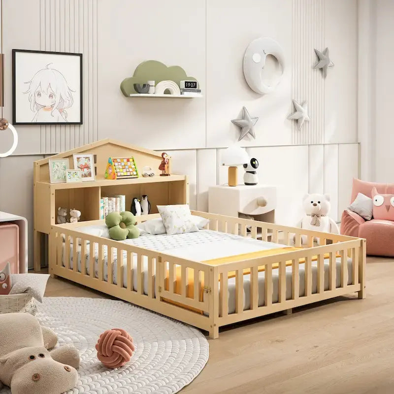 Full Size Floor Bed with Bookcase and Chalkboard