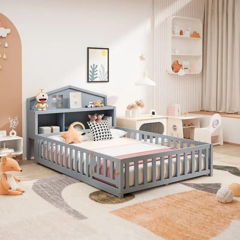Full Size Floor Bed with Bookcase and Chalkboard
