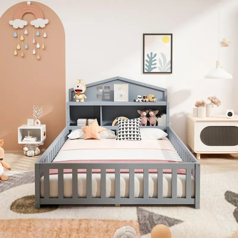 Full Size Floor Bed with Bookcase and Chalkboard