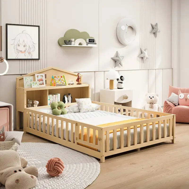 Full Size Floor Bed with Bookcase and Chalkboard