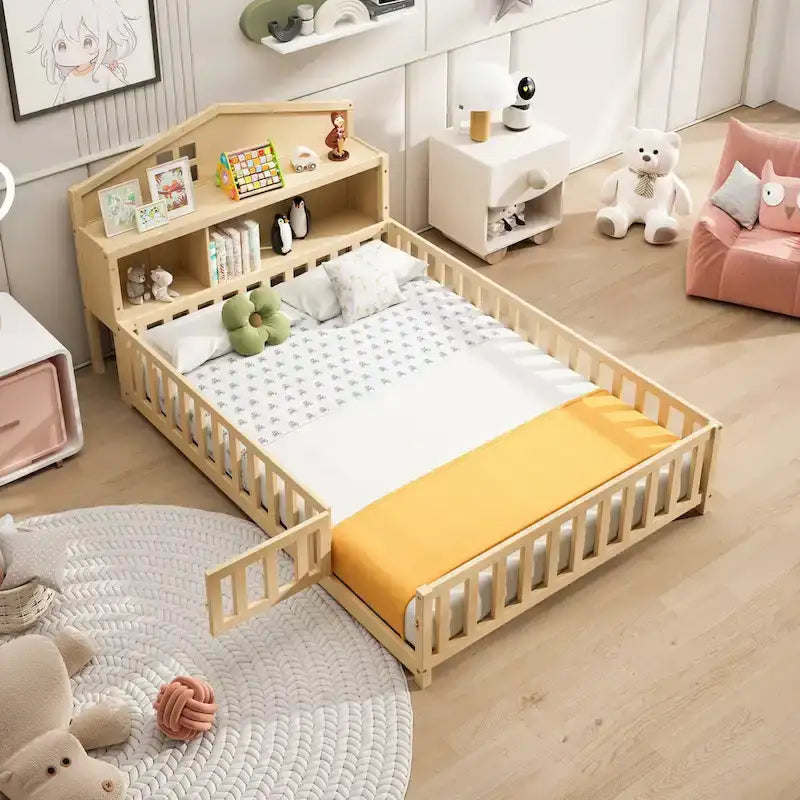 Full Size Floor Bed with Bookcase and Chalkboard