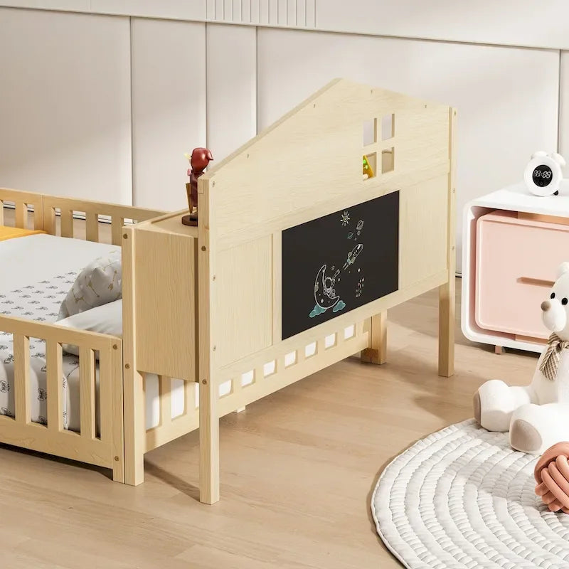 Full Size Floor Bed with Bookcase and Chalkboard