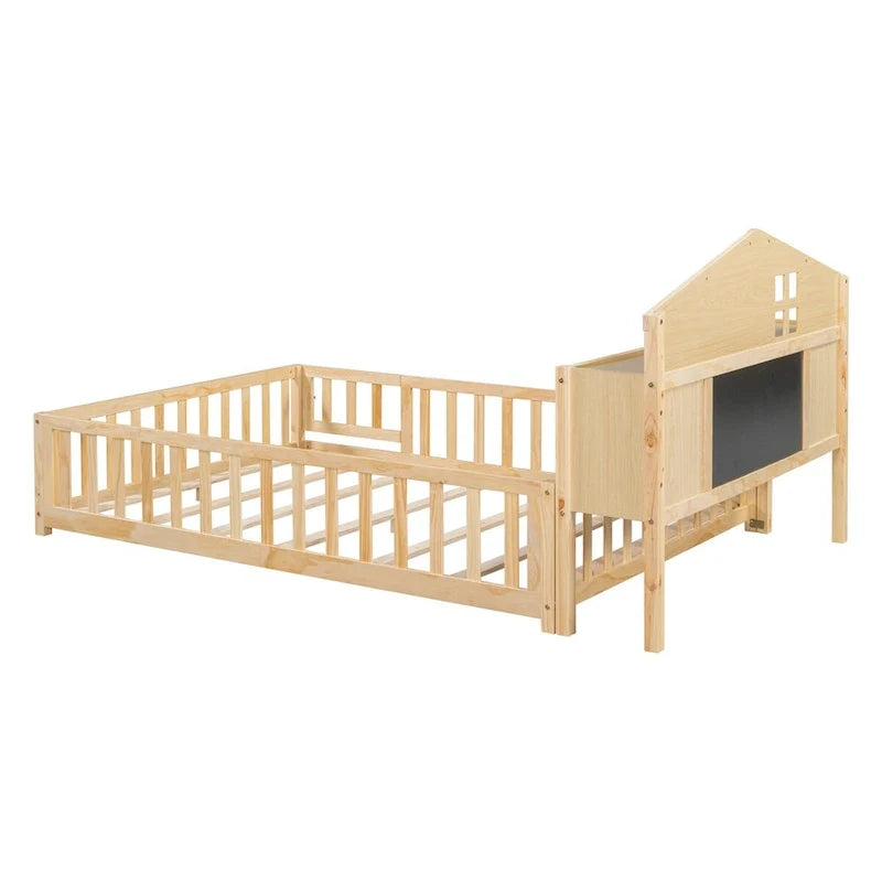 Full Size Floor Bed with Bookcase and Chalkboard