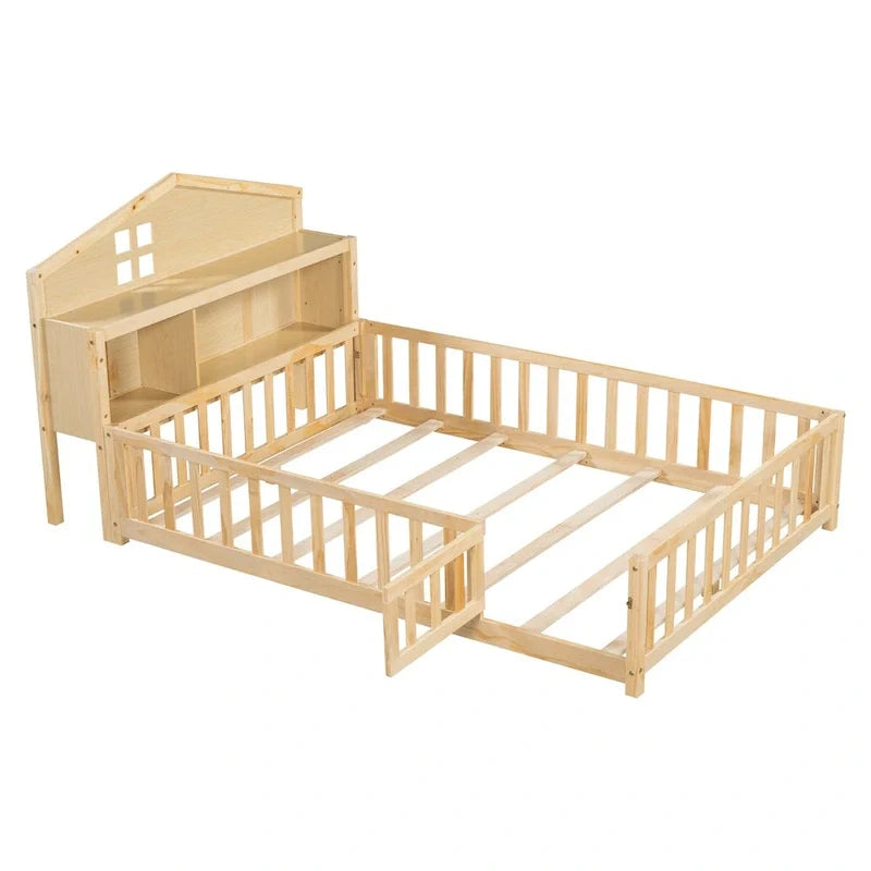 Full Size Floor Bed with Bookcase and Chalkboard