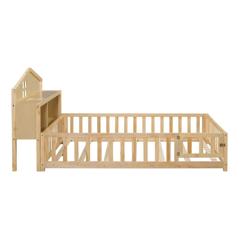 Full Size Floor Bed with Bookcase and Chalkboard