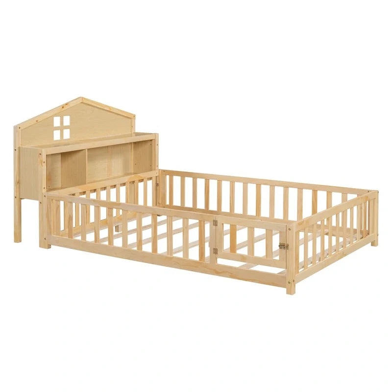 Full Size Floor Bed with Bookcase and Chalkboard