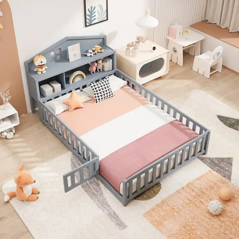 Full Size Floor Bed with Bookcase and Chalkboard