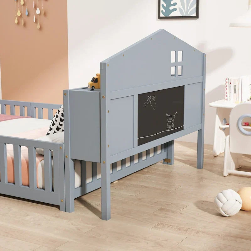 Full Size Floor Bed with Bookcase and Chalkboard