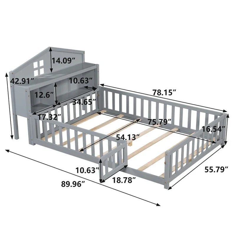 Full Size Floor Bed with Bookcase and Chalkboard