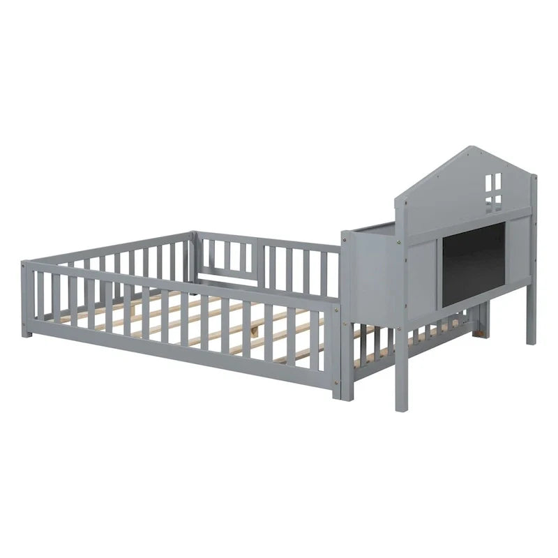 Full Size Floor Bed with Bookcase and Chalkboard