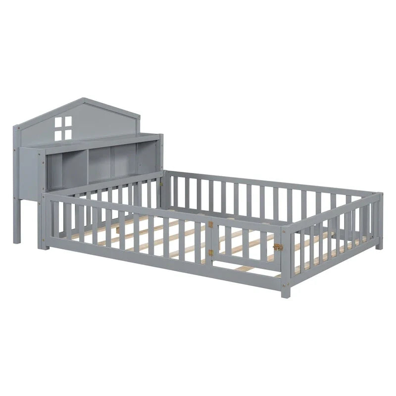 Full Size Floor Bed with Bookcase and Chalkboard