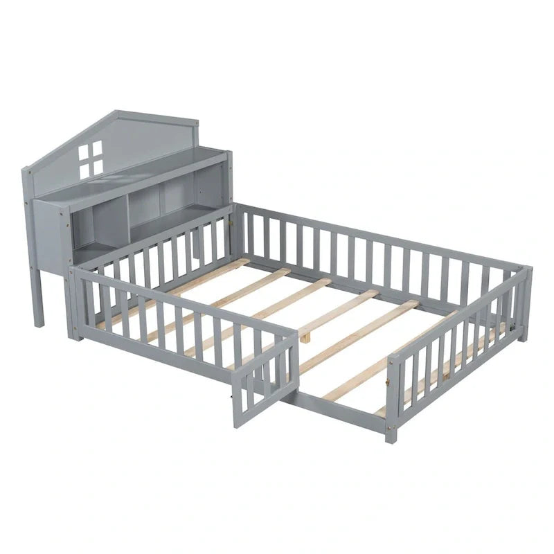 Full Size Floor Bed with Bookcase and Chalkboard