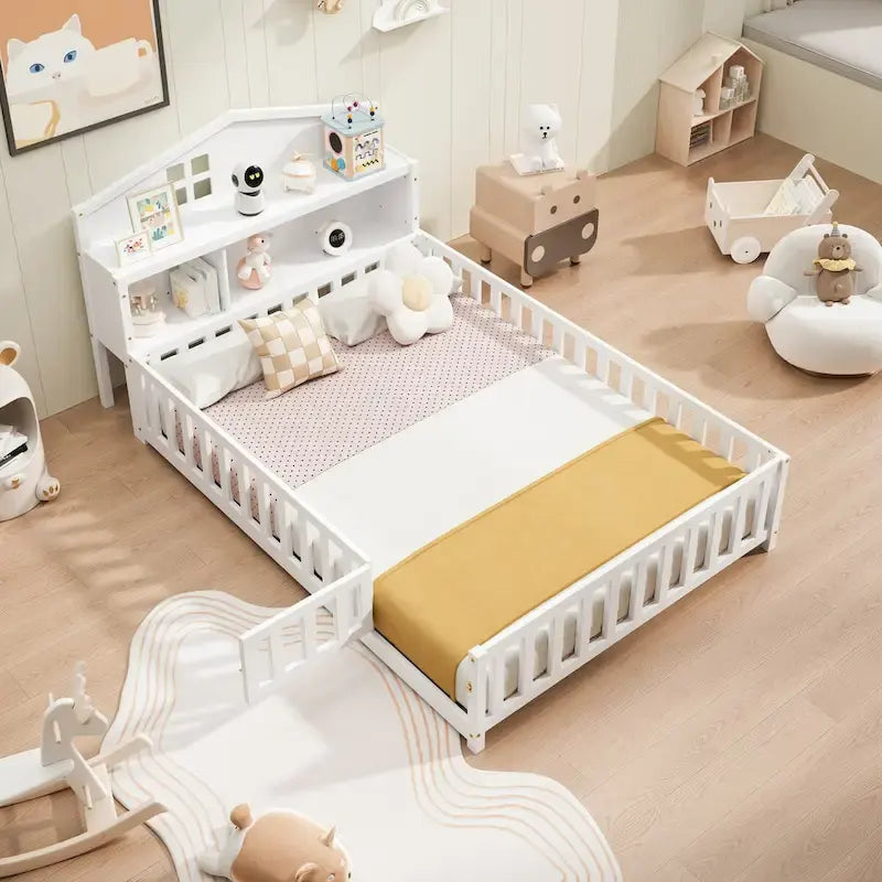 Full Size Floor Bed with Bookcase and Chalkboard