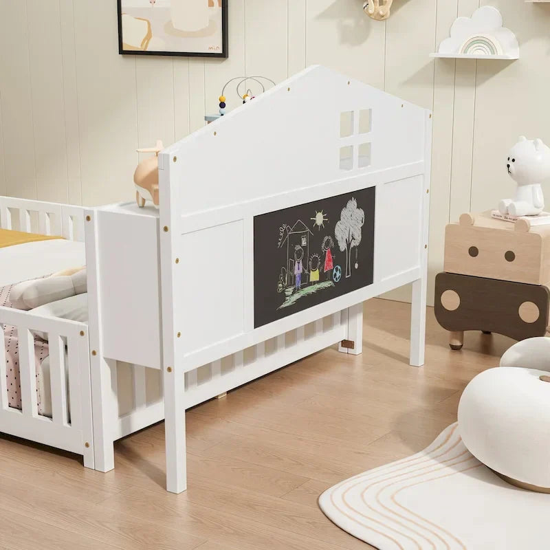 Full Size Floor Bed with Bookcase and Chalkboard