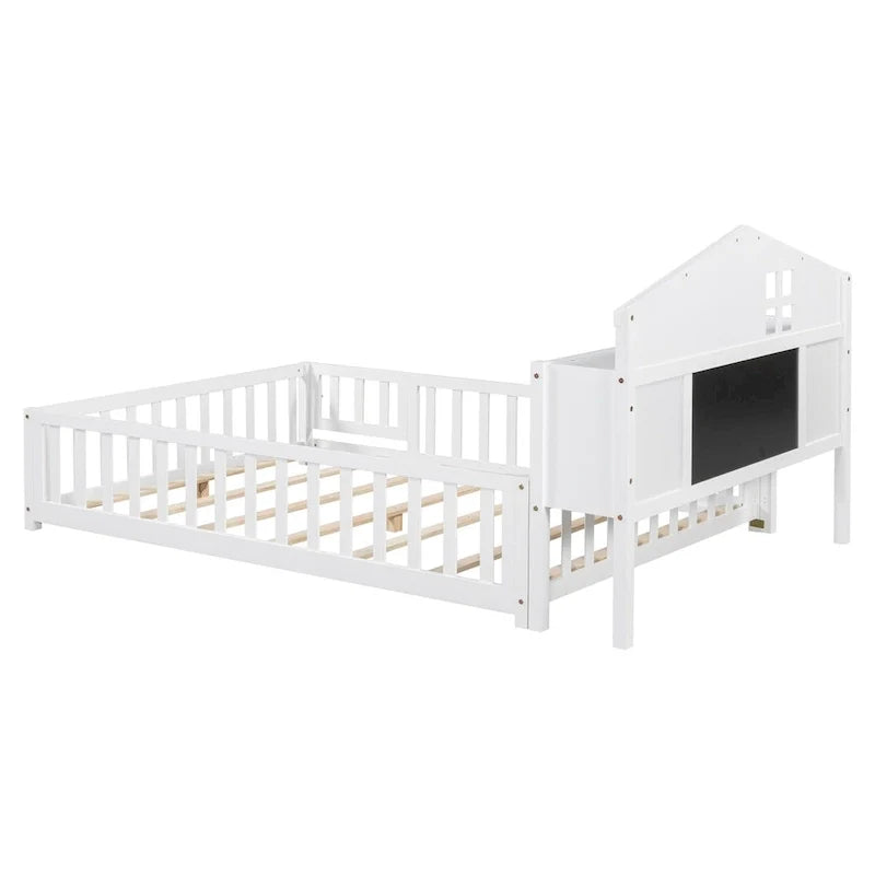 Full Size Floor Bed with Bookcase and Chalkboard