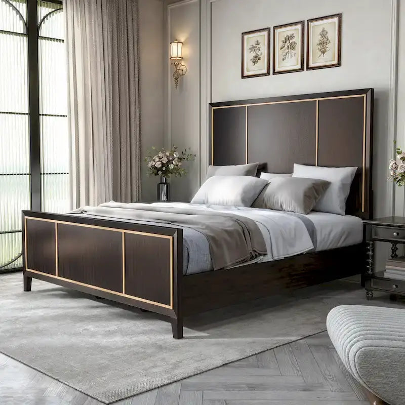 Espresso Panel Bed with Gold Accent Trim