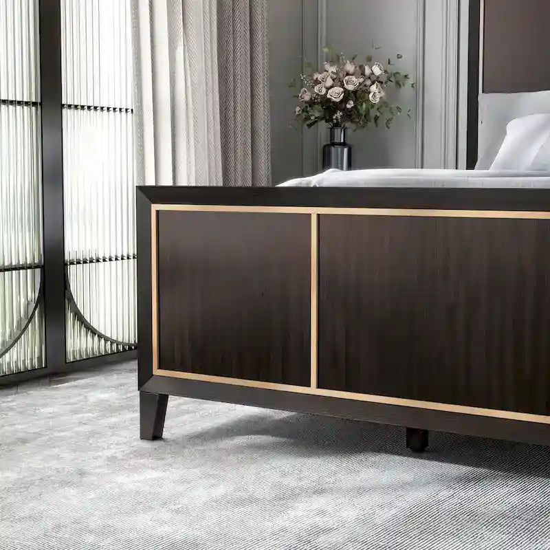 Espresso Panel Bed with Gold Accent Trim
