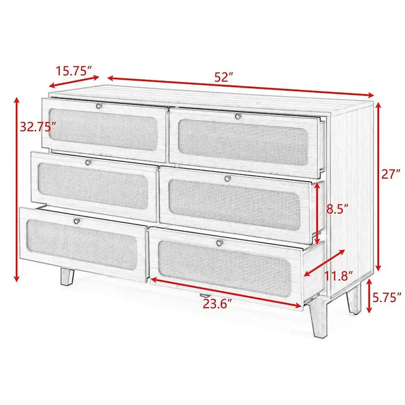 6-Drawer Rattan Wood Dresser
