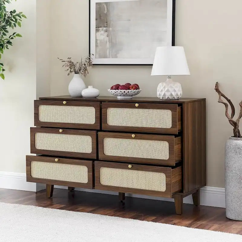 6-Drawer Rattan Wood Dresser
