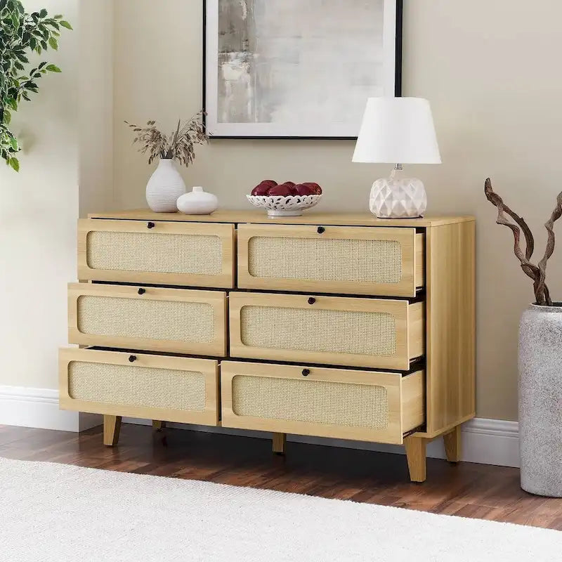 6-Drawer Rattan Wood Dresser