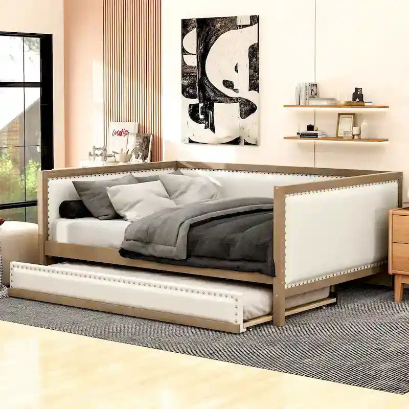 Full Size Linen Daybed with Trundle and Nailhead Trim