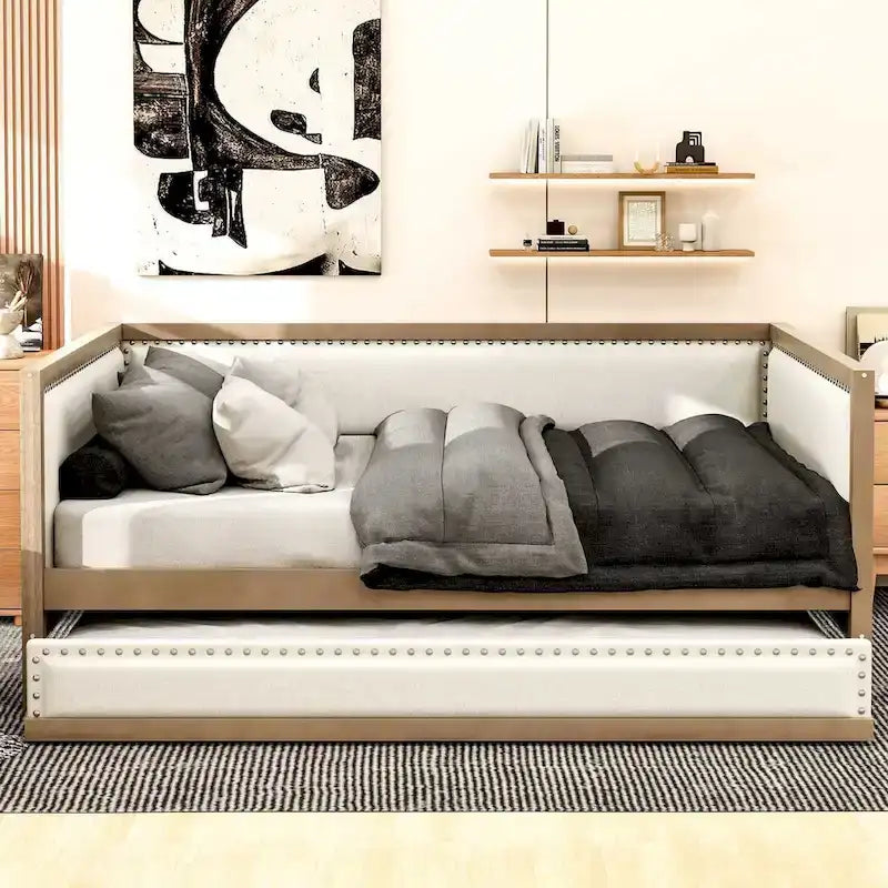 Full Size Linen Daybed with Trundle and Nailhead Trim