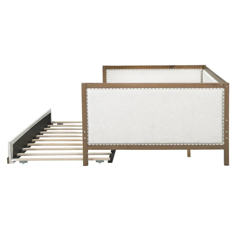 Full Size Linen Daybed with Trundle and Nailhead Trim