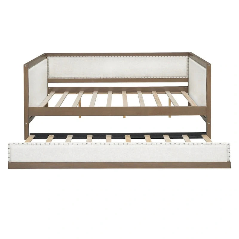 Full Size Linen Daybed with Trundle and Nailhead Trim