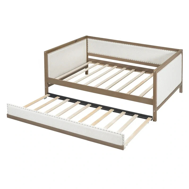 Full Size Linen Daybed with Trundle and Nailhead Trim