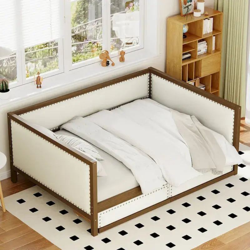 Full Size Linen Daybed with Trundle and Nailhead Trim