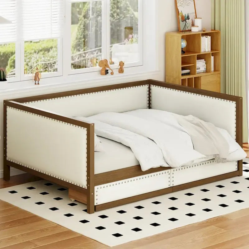 Full Size Linen Daybed with Trundle and Nailhead Trim