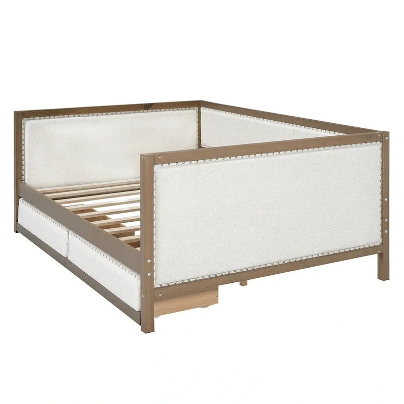 Full Size Linen Daybed with Trundle and Nailhead Trim