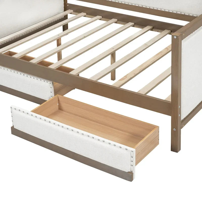 Full Size Linen Daybed with Trundle and Nailhead Trim