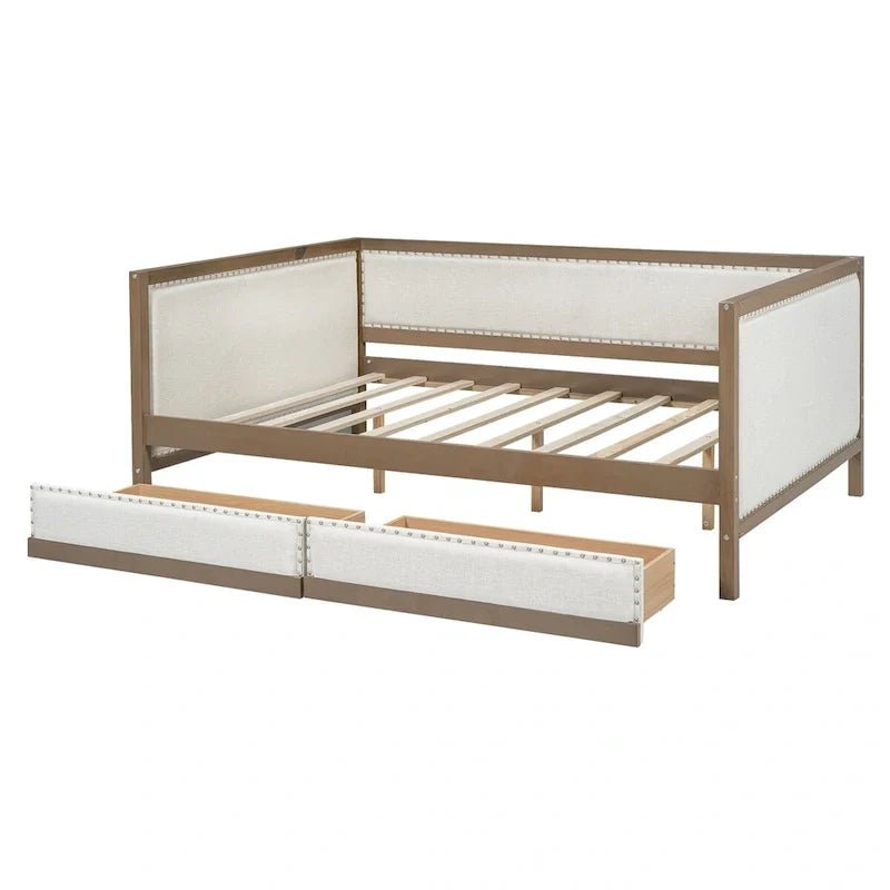 Full Size Linen Daybed with Trundle and Nailhead Trim