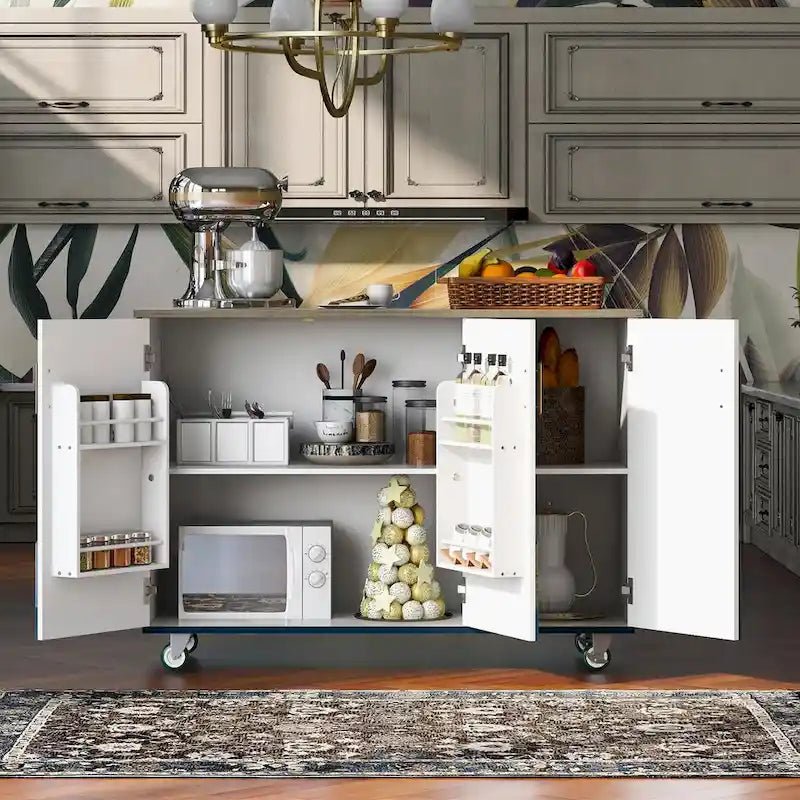 47 Retro Wood Kitchen Island with Drop Leaf, Farmhouse Style on Wheels, Internal Storage