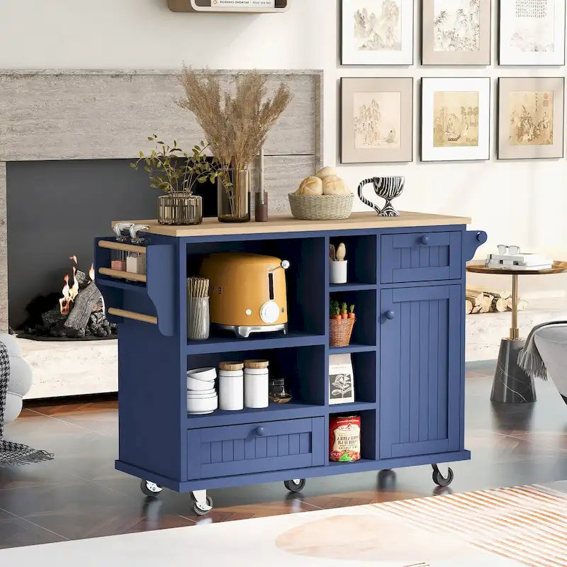 Island Cart with Storage Cabinet and Two Locking Wheels, wood desktop,Microwave cabinet,Floor Standing Buffet Server Sideboard