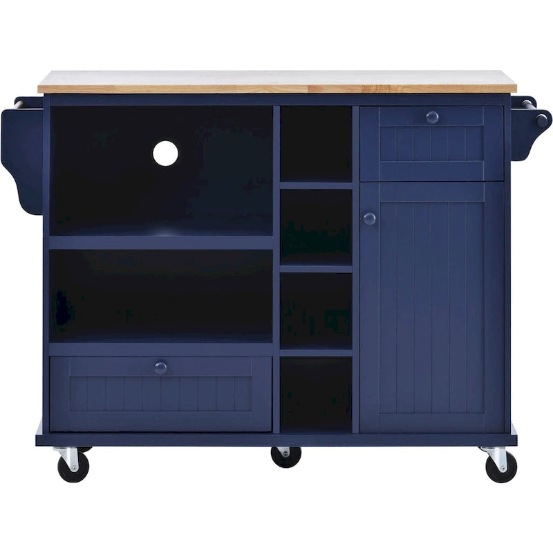 Island Cart with Storage Cabinet and Two Locking Wheels, wood desktop,Microwave cabinet,Floor Standing Buffet Server Sideboard