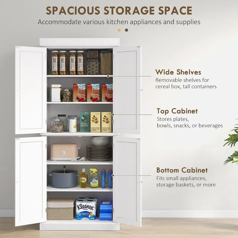 72.5 Kitchen Pantry Storage Cabinet, Freestanding Kitchen Cupboard with 4 Doors and Adjustable Shelves for Dining Room, MDF