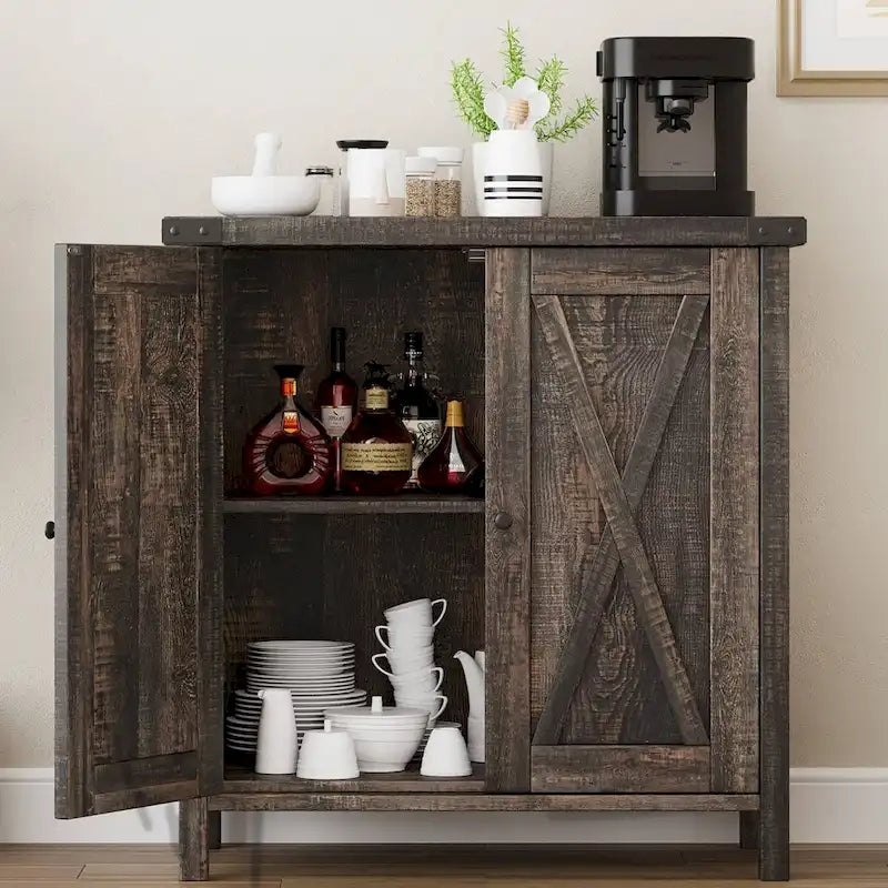 Farmhouse Buffet Cabinet with Storage Shelves, Brown - N/A