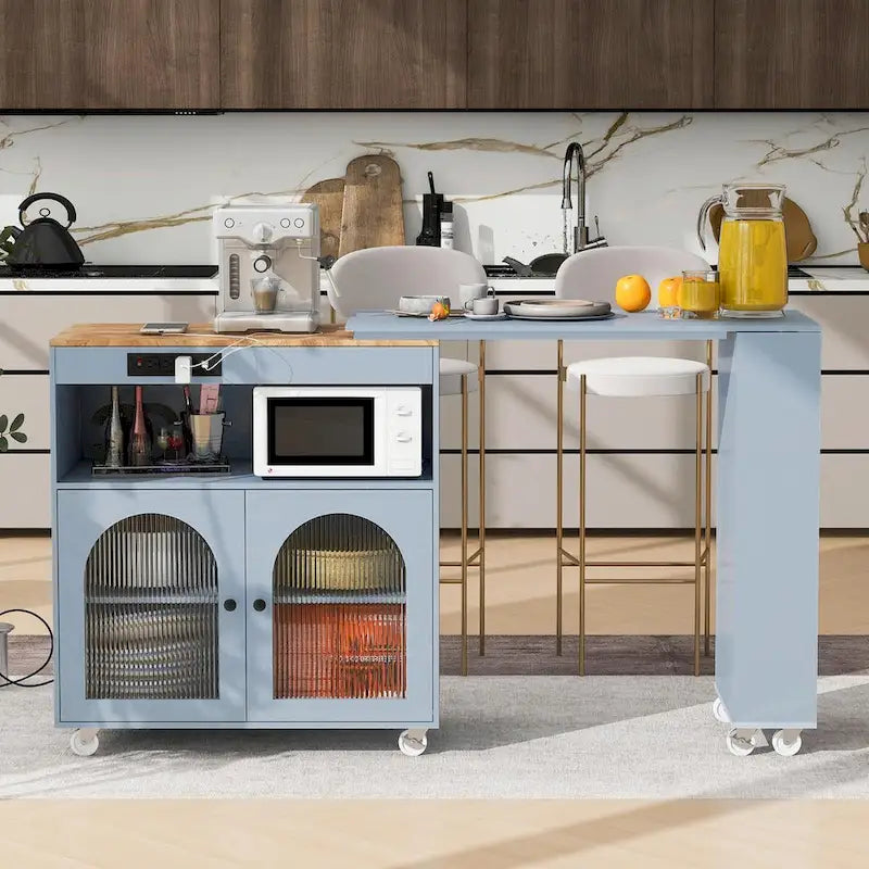 Rolling Kitchen Island: Extended Table, Power Outlets, Glass Doors