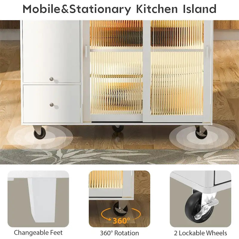 Kitchen Island with Drop Leaf,LED Light Kitchen Cart on Wheels