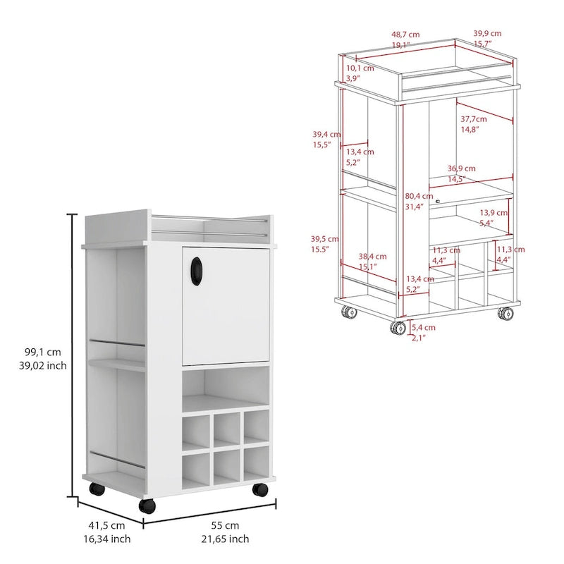 Bar Cart with Cabinet, 6 Built-in Wine Rack and Casters