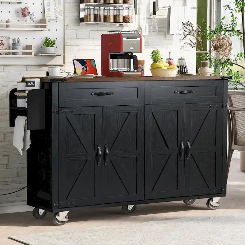 53.5Kitchen Island with Power Outlet,Storage Island with Drop Leaf,Spice Rack and Drawer,Rolling Kitchen Cart on Wheels