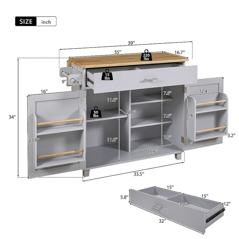 39.00 W Modern Rubberwood Top Kitchen Cart with Storage and Towel Racks