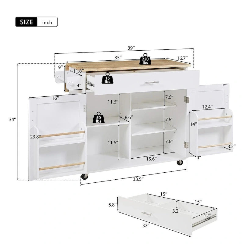 39.00 W Modern Rubberwood Top Kitchen Cart with Storage and Towel Racks