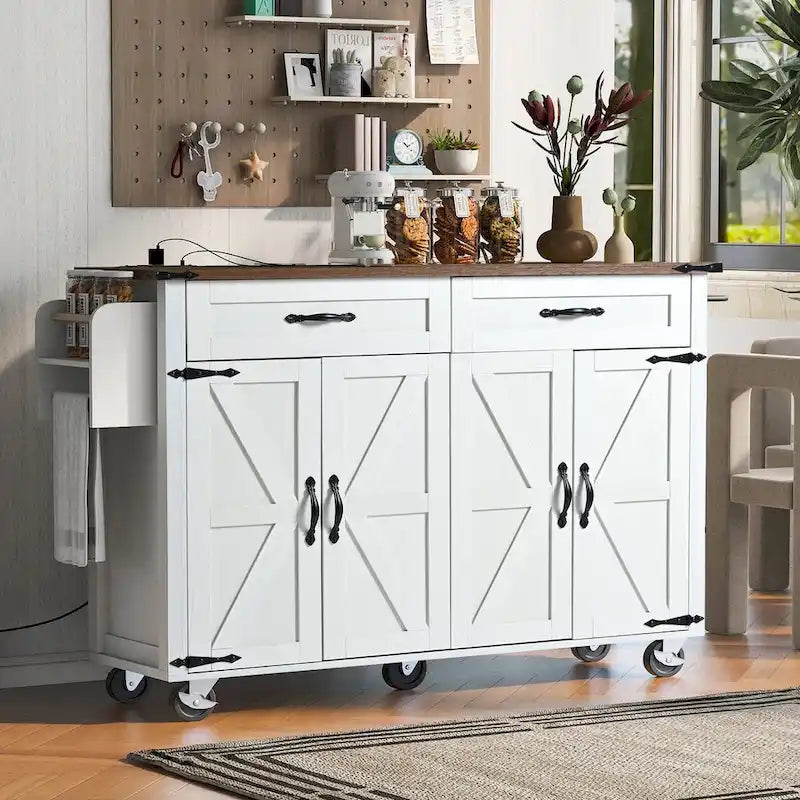 53.5 Farmhouse Kitchen Island Cart with Power Outlet, Drop Leaf, Spice Rack, and 2 Drawers, 5 Wheels