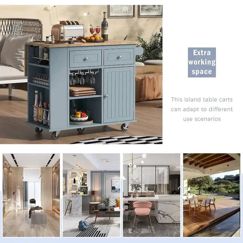 47 Modern Kitchen Cart with Electrical Outlet, Rubberwood Kitchen Island with Drop Leaf and Adjustable Storage Cabinet
